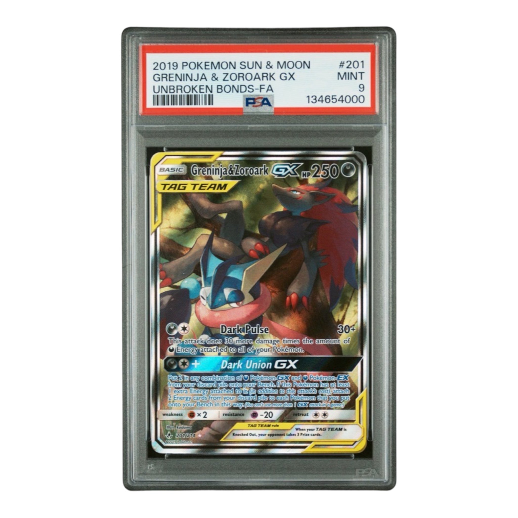 Greninja & Zoroark GX Unbroken Bonds PSA 9